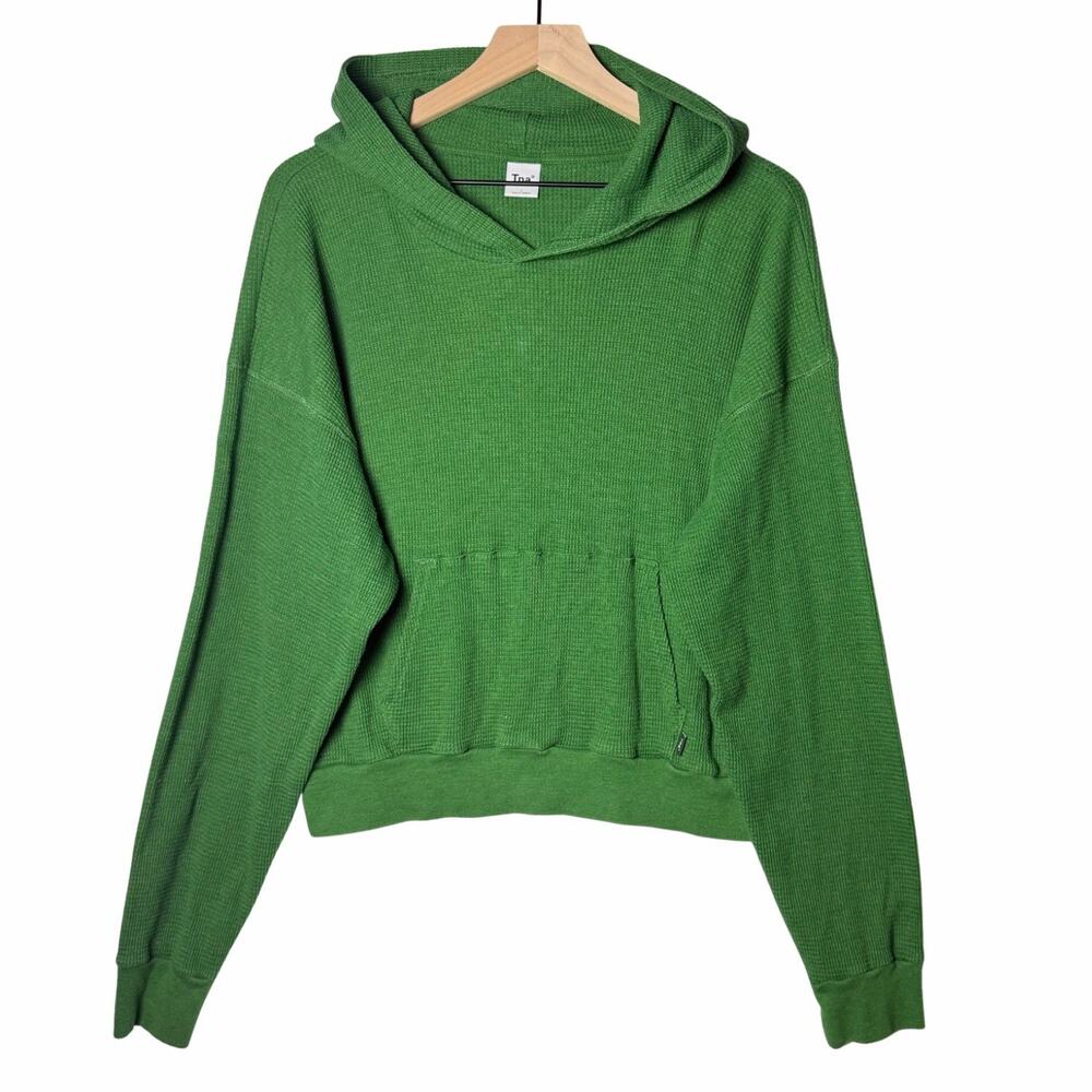 Aritzia TNA Green Lightweight Thermal Waffle Knit Cropped Pullover Hoodie Size L